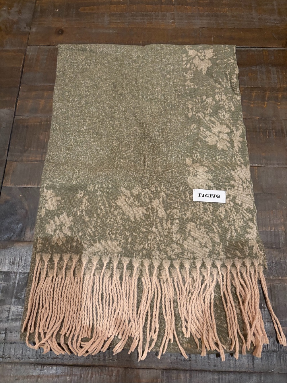 FJFGJG Olive Green Floral Jacquard Fringe Scarf Reversible Blanket Wrap NWOT